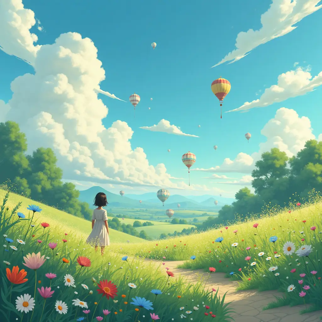 An illustration of a serene countryside in Studio Ghibli style.